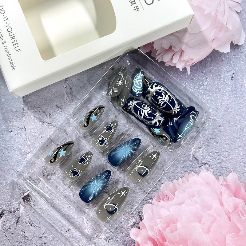 CJDLTS Dark Black Medium Almond Shaped Silver Stripe with Starry Sky Bubble Design Stick on Nails Full Cover Reusable Coffin Press on Nails Artificial Acrylic Fingernails for Women Manicure 24Pcs - Image 4